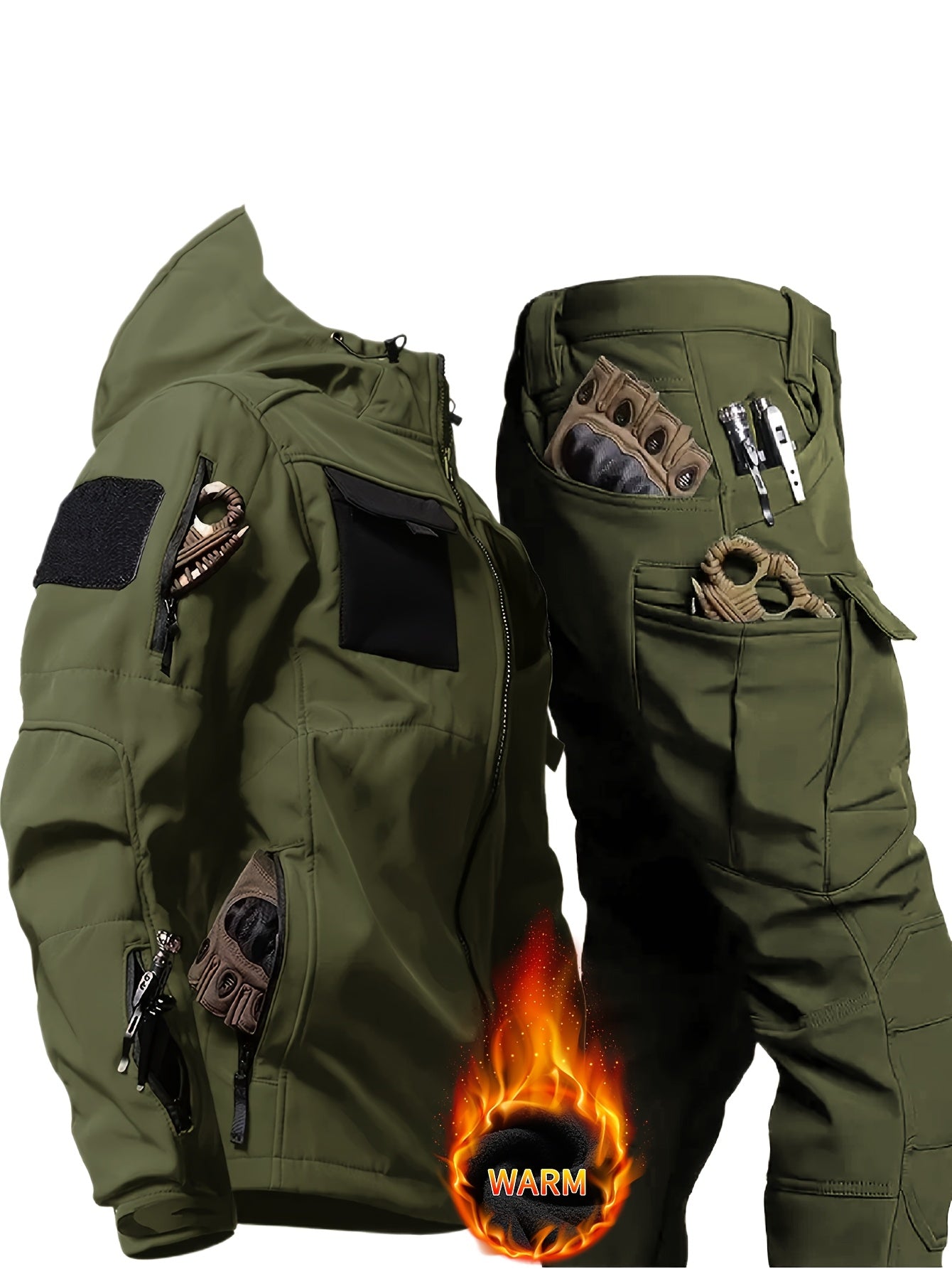 Men's Thermal Two-Piece Outdoor Set - Windproof Fleece-Lined Hooded Jacket & Cargo Pants with Zippered Pockets, Softshell Construction for Cold Weather Adventures, Durable & Lightweight, All-in-One Hiking, Camping, Hunting, C