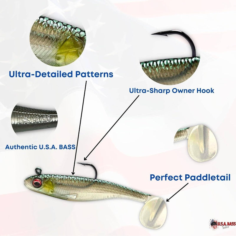 USA Shad Scent-Infused Paddle Tail Swimbaits - Pre-Rigged Saltwater & Freshwater Fishing Lures with Strong Owner Hook, Realistic Lure Bait for Bass, Pike, Trout, Walleye, Predator Fish - Heavy-Duty Pre-Rigged Line Setup