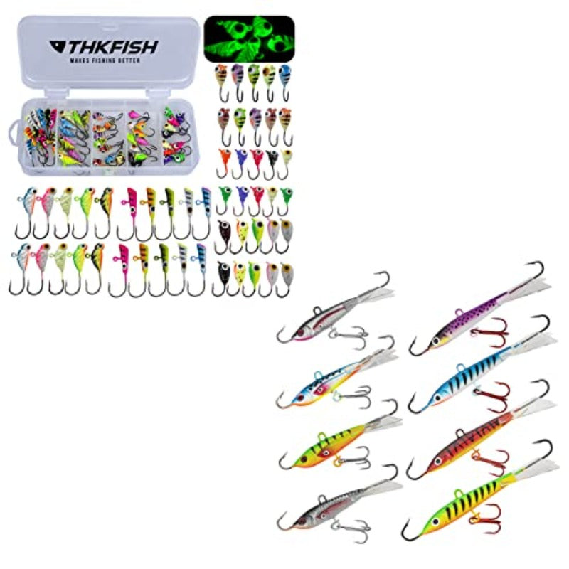 THKFISH Ice Fishing Jigs Kit Ice Fishing Lures Ice Fishing Gear A50pcs+ Vertical Jigs Kit 8pcs, Freshwater Fishing, Winter Fishing, Lifelike Bait, Realistic Lure, Highquality Hooks, Treble Hooks