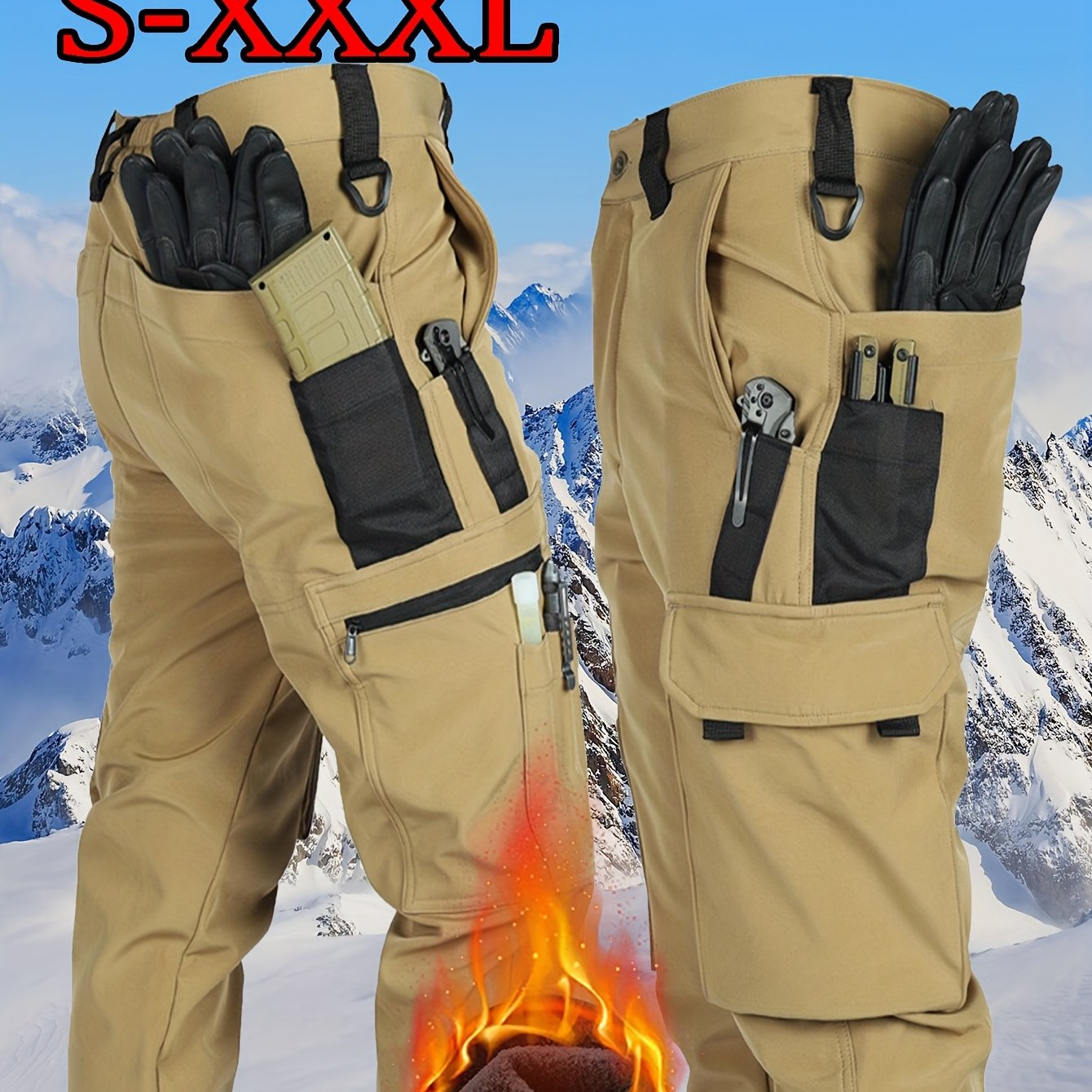 [Windproof | Fleece-Lined] Men's Windproof Fleece-Lined Ski Pants | All-Season Winter Snow Pants with Elastic Waist & Cargo Pockets, Softshell Tactical Hiking, Camping, Fishing Gear (Machine Washable)