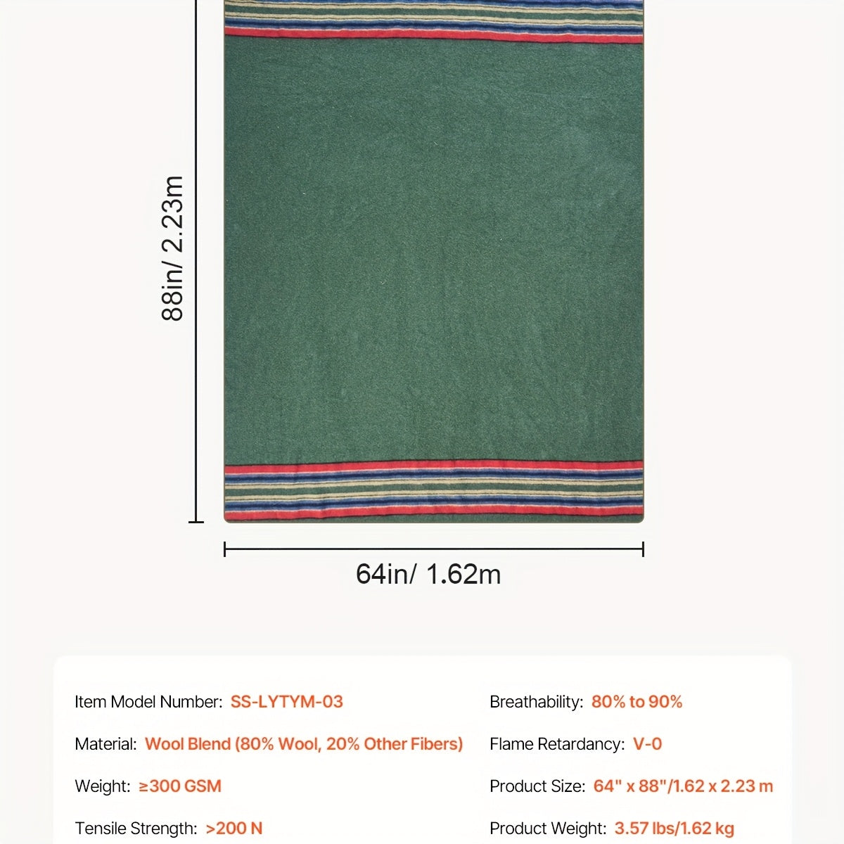 Happybuy Large Wool Camping Blanket - 64" x 88", High Quality & Windproof, Flame Retardant, Soft & Cozy for Outdoors, Picnics, Hiking, Sports Events, Travel, 80% Wool, Multicolor Striped Design (Green, Blue, Brown)