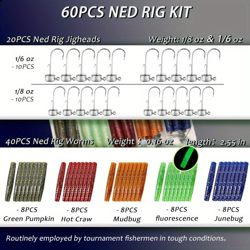 60/25pcs Ned Rig Jig Heads Soft Plastic Worms Stick Baits Kit - Finesse Mushroom Ned Rigs with 6 Vibrant Colors, Durable Non-Woven Material for Bass Fishing in Freshwater & Saltwater, Includes 6 Jighead Hooks & 6 Soft Plastic