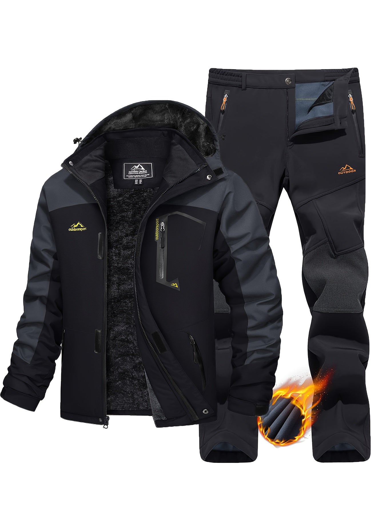 [1 Warm Jacket And 1 Pant] Men's Thermal Fleece Lined Jacket & Pants Set Winter Men's Windproof Snow Ski Suit Adjustable Storm Hood 5 Pockets 4 Zip Pockets Reinforced Knees Elastic Waist for Winter Hiking Camping Climbing Fis