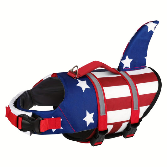 PAIAITE Shark Themed American Flag Dog Swim Vest With Reflective Stripes