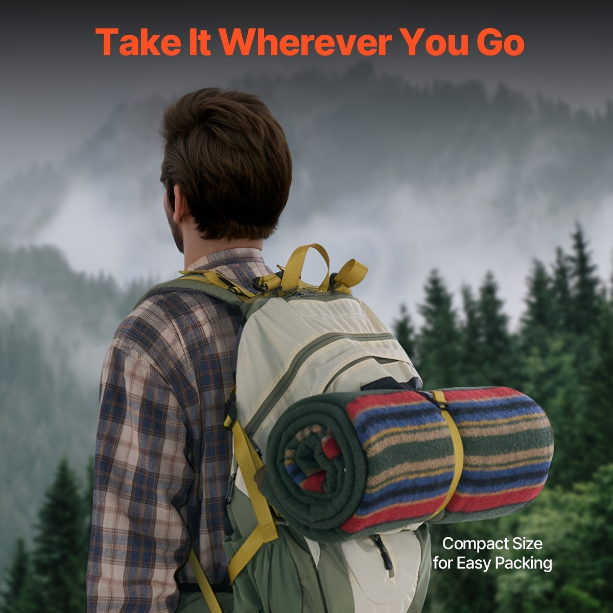 Happybuy Large Wool Camping Blanket - 64" x 88", High Quality & Windproof, Flame Retardant, Soft & Cozy for Outdoors, Picnics, Hiking, Sports Events, Travel, 80% Wool, Multicolor Striped Design (Green, Blue, Brown)