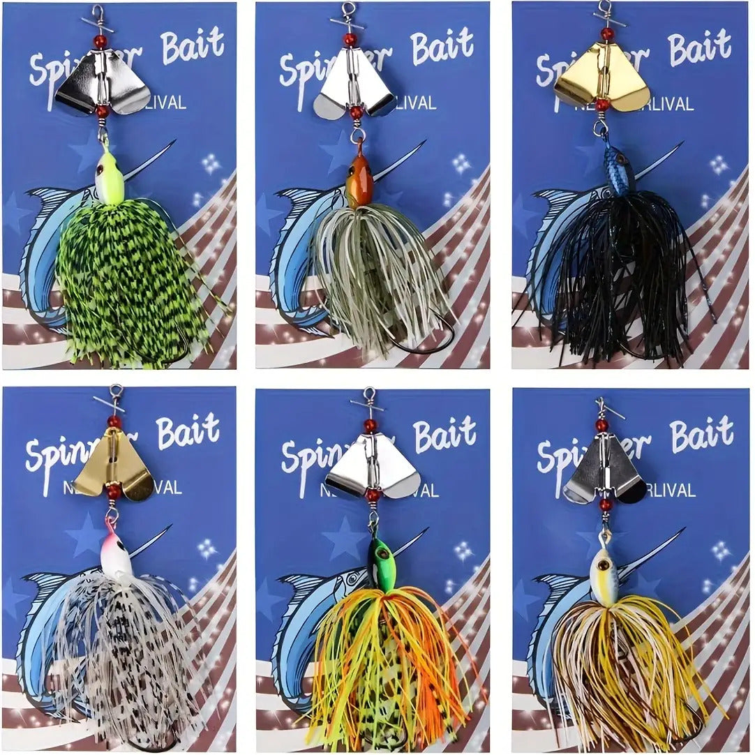 6 Piece Heavy Duty Metal Spinner Bait Lure Set With worm Hooks