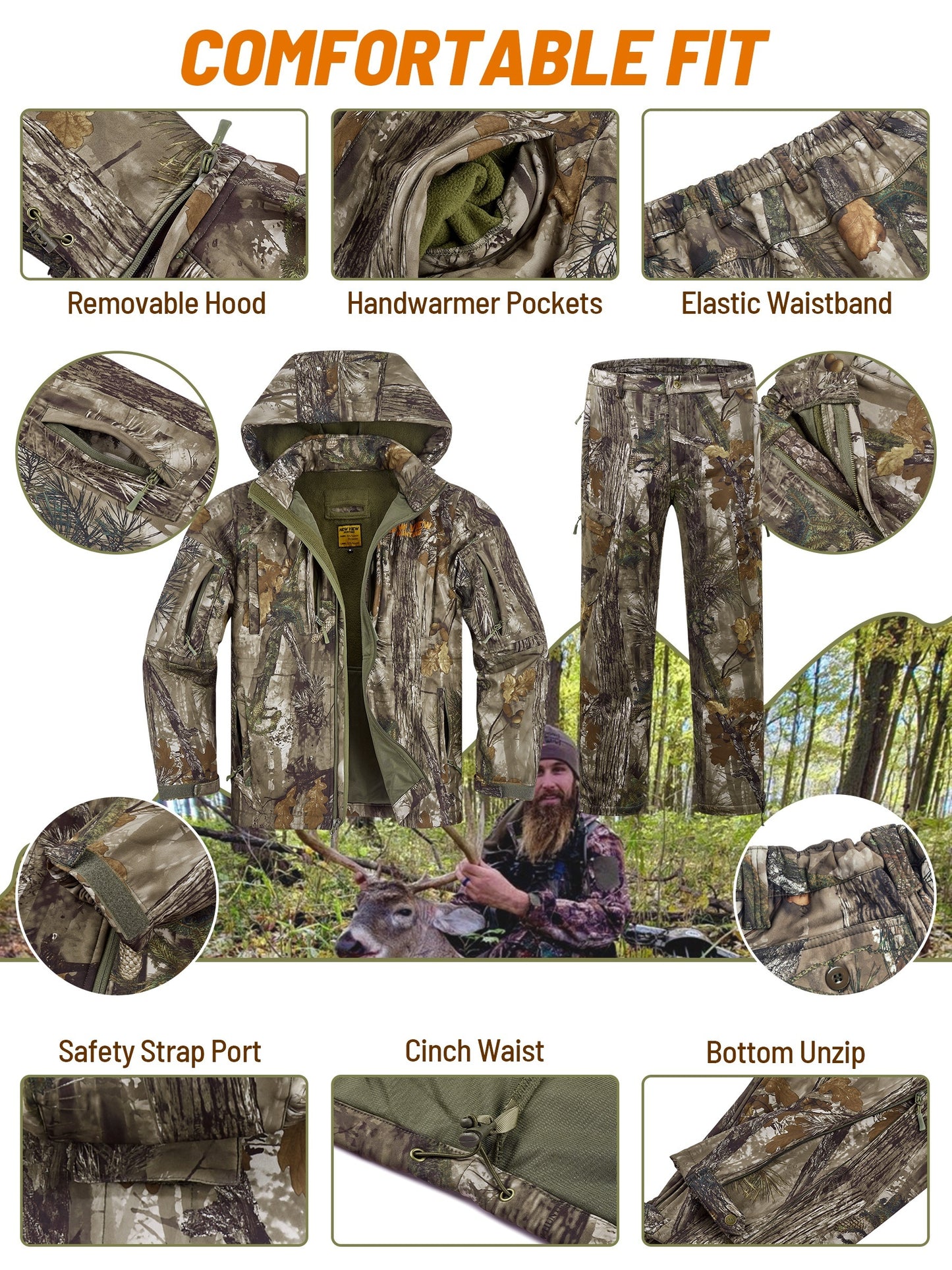 VIEW Hunting Clothes For Men, Warm Fleece Lined Camo Hunting Suit, Jacket And Pants For Deer Duck Bow Hunting