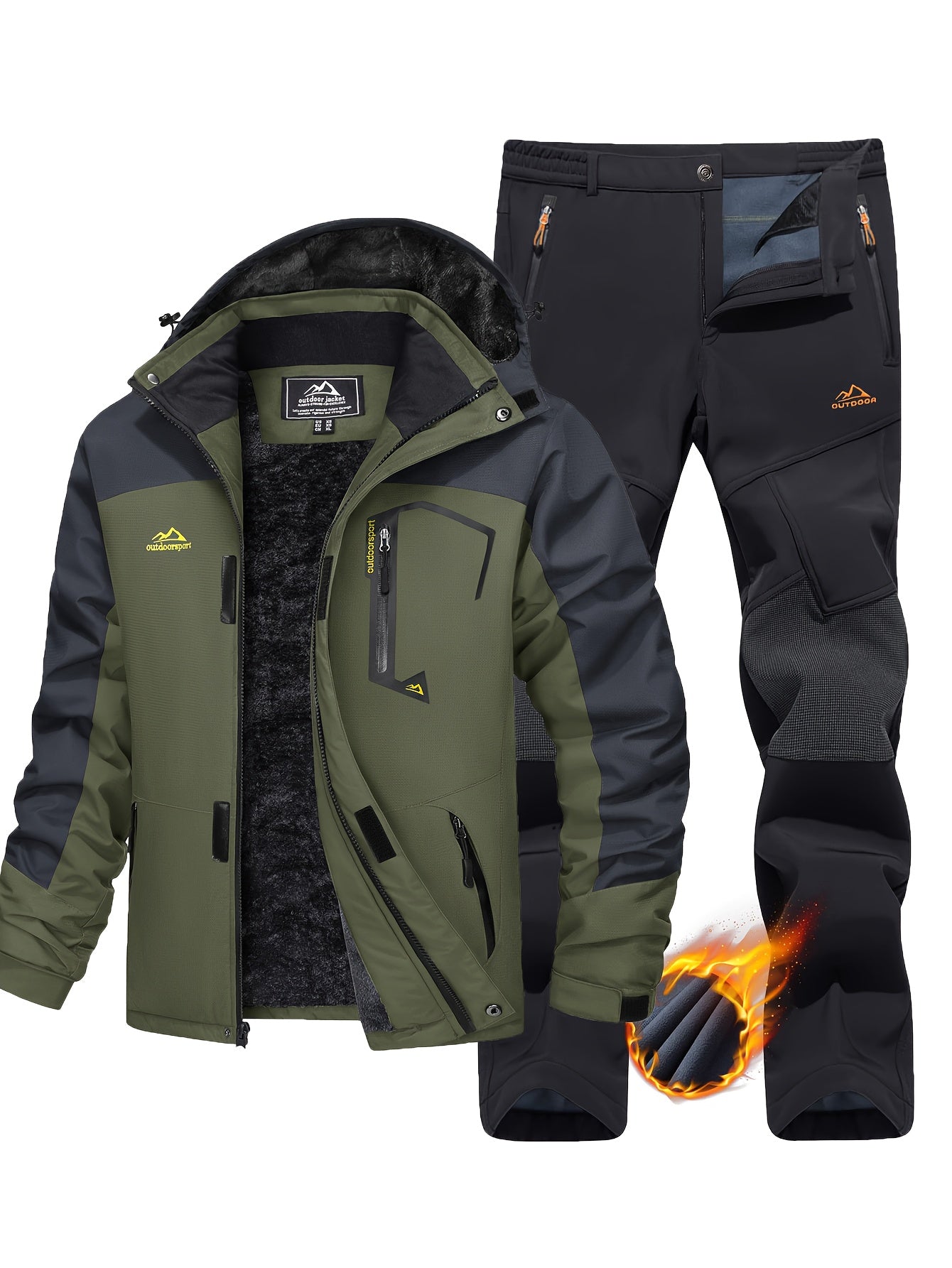 [1 Warm Jacket And 1 Pant] Men's Thermal Fleece Lined Jacket & Pants Set Winter Men's Windproof Snow Ski Suit Adjustable Storm Hood 5 Pockets 4 Zip Pockets Reinforced Knees Elastic Waist for Winter Hiking Camping Climbing Fis