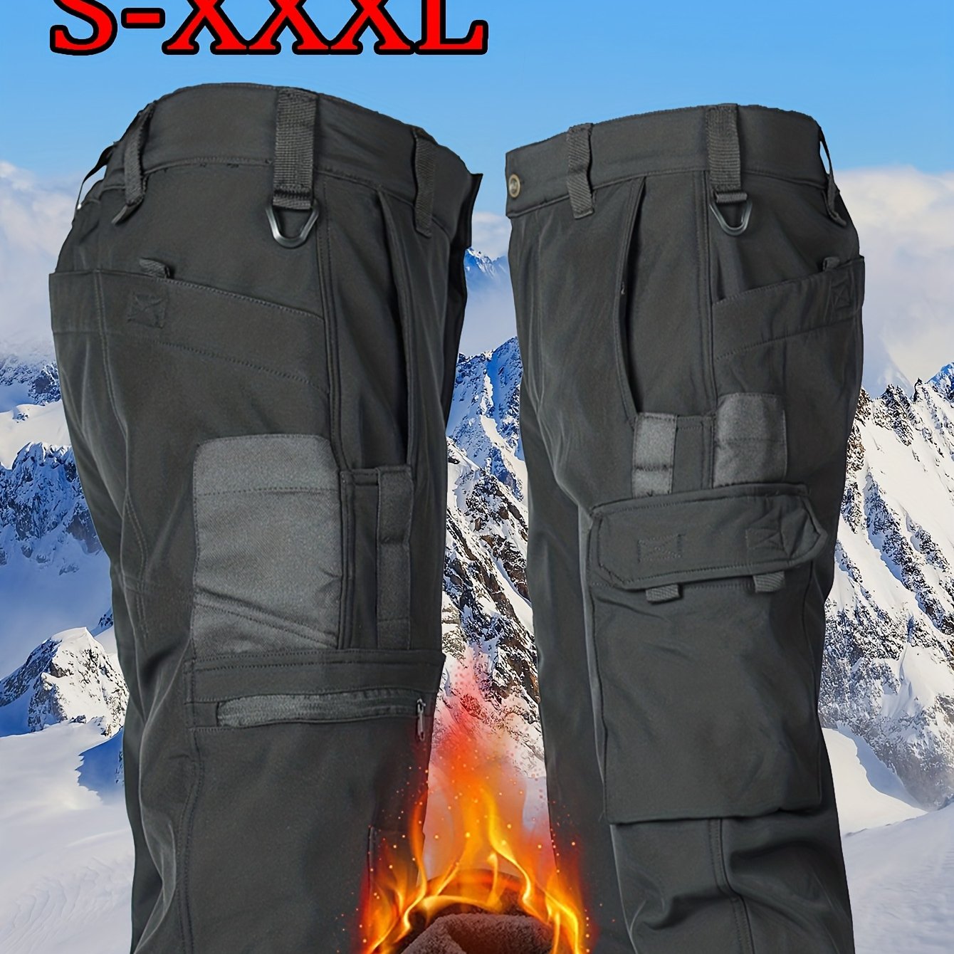 [Windproof | Fleece-Lined] Men's Windproof Fleece-Lined Ski Pants | All-Season Winter Snow Pants with Elastic Waist & Cargo Pockets, Softshell Tactical Hiking, Camping, Fishing Gear (Machine Washable)