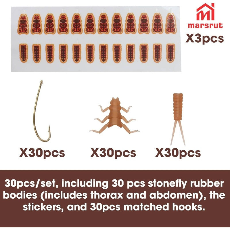 30pcs Stonefly Lures Fly Fishing Baits with Hooks & Stickers - Realistic Synthetic Fly Tying Materials, Soft Plastic Artificial Flies Suitable for Trout, Salmon, Bass, Pike - Fly Fishing Combo Set