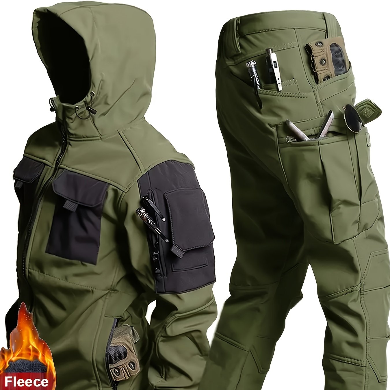 Mens Windproof Lined Hooded Jacket And Pants Set Hiking Gear