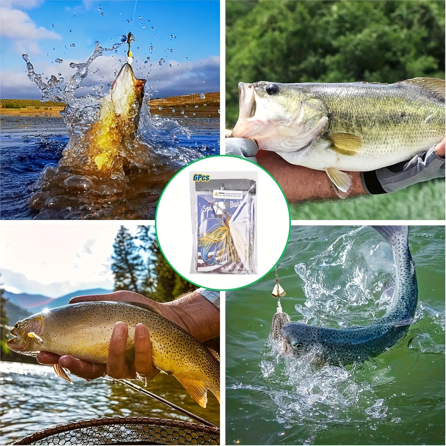 6 Piece Heavy Duty Metal Spinner Bait Lure Set With worm Hooks