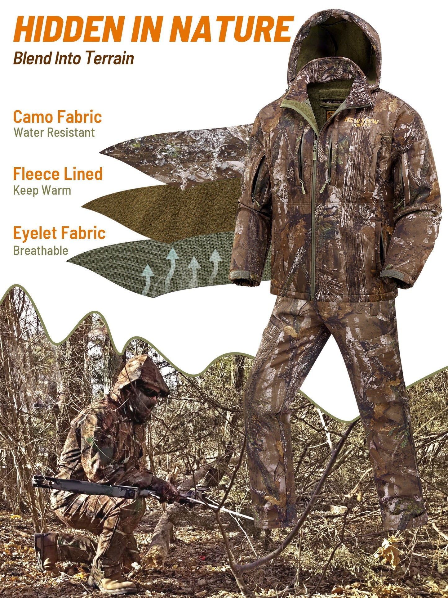 VIEW Hunting Clothes For Men, Warm Fleece Lined Camo Hunting Suit, Jacket And Pants For Deer Duck Bow Hunting