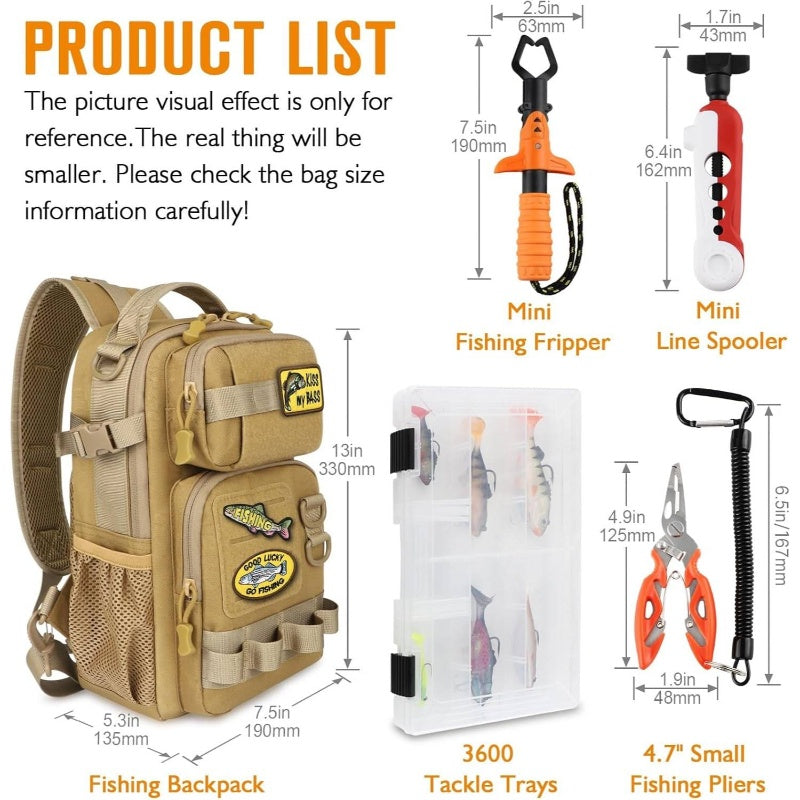 5 Gallons Floating Fishing Basket | Sling Bag with Set, Sling Tackle Bag 3600 Tackle Box, Fishing Line Spooler, Fish Gripper, Pliers, Lanyard, 6pcs Random Lures Khaki