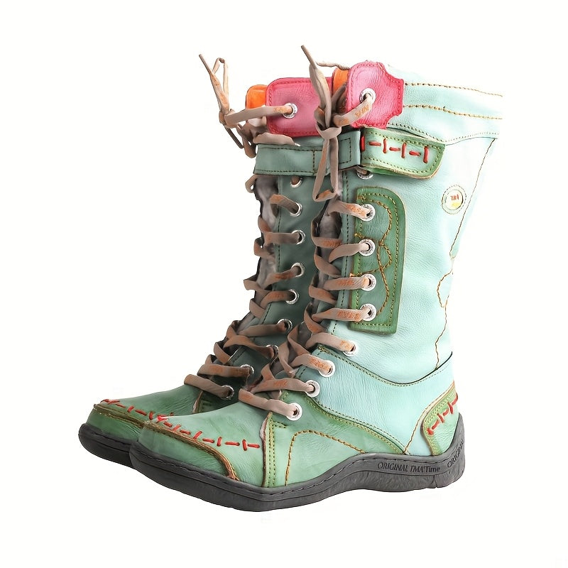 TMA EYES -Lined Hand-Stitched Leather Fashion Vintage Winter Patchwork Design Women's Mid-Calf Boots