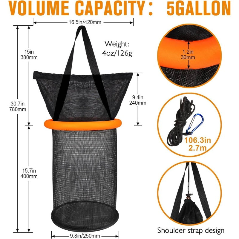 5 Gallon Floating Fishing Basket System with Sling Bag & 3600 Tackle Box - Heavy-Duty All-in-One Fishing Gear Set with Line Spooler, Fish Gripper, Pliers, Lanyard & 6 Lures - Hands-Free Sling Backpack for Easy Transport, Dura