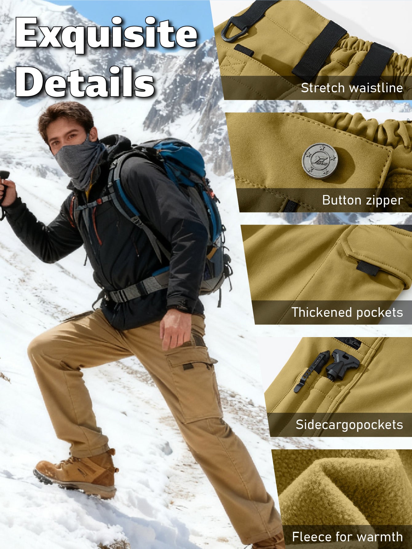 Men's Insulated Windproof Softshell Pants With 9 Pocket Outdoor Trousers