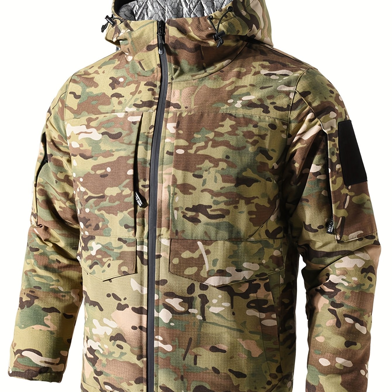 Windproof Cold-Proof Jacket with Hood - Camouflage Outdoor Coat, Loose Fit Short Length Warm Winter Jacket for, Machine Washable, Ideal for fathers/husbands (Camo Pattern, Door Pockets) - Perfect Gift for Dad or Husband)
