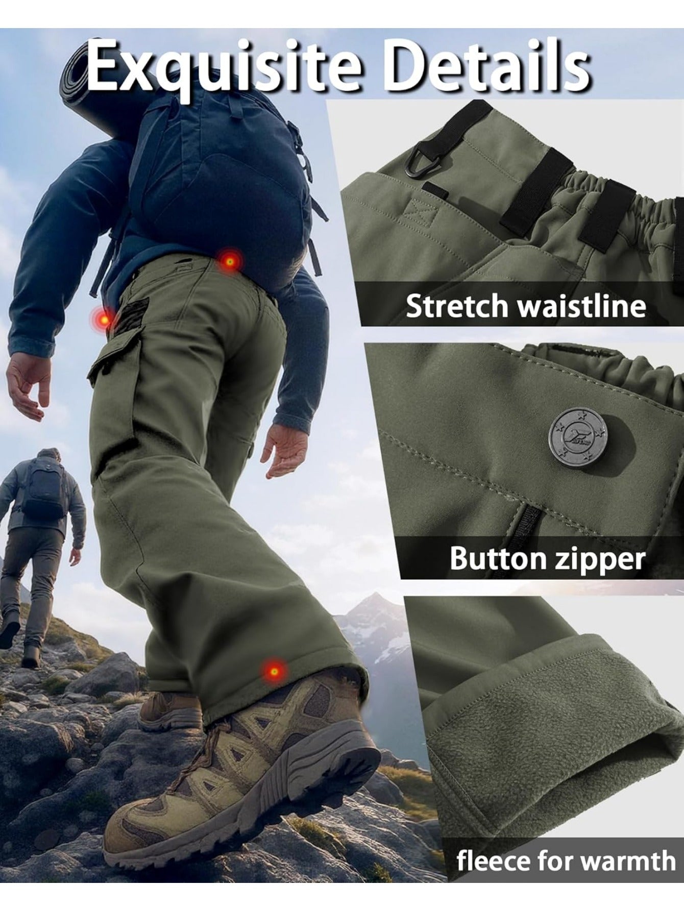 [Windproof | Fleece-Lined] Men's Windproof Fleece-Lined Ski Pants | All-Season Winter Snow Pants with Elastic Waist & Cargo Pockets, Softshell Tactical Hiking, Camping, Fishing Gear (Machine Washable)