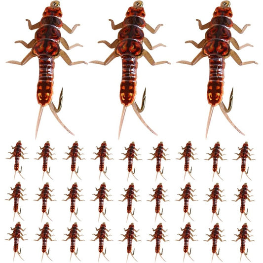 30pcs Stonefly Lures Fly Fishing Baits with Hooks & Stickers - Realistic Synthetic Fly Tying Materials, Soft Plastic Artificial Flies Suitable for Trout, Salmon, Bass, Pike - Fly Fishing Combo Set