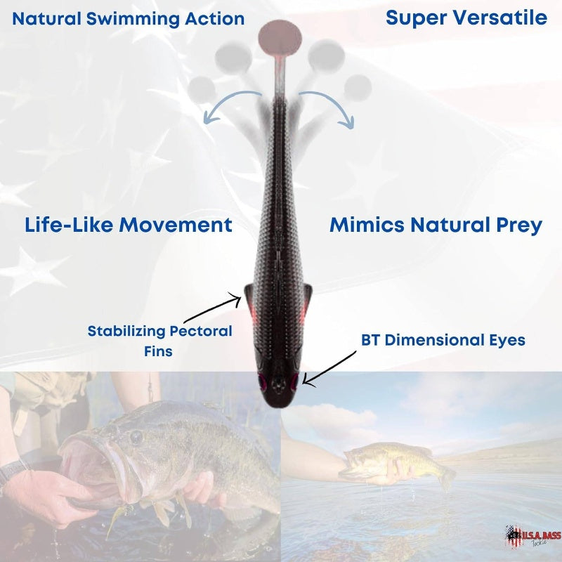 USA Shad Scent-Infused Paddle Tail Swimbaits - Pre-Rigged Saltwater & Freshwater Fishing Lures with Strong Owner Hook, Realistic Lure Bait for Bass, Pike, Trout, Walleye, Predator Fish - Heavy-Duty Pre-Rigged Line Setup