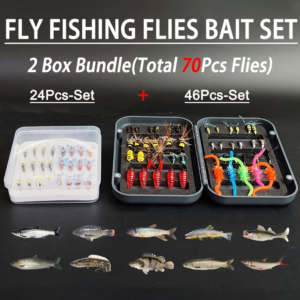 Fly Fishing Flies with Fly Box Kit for Bass Trout Salmon-2 Box Bundle (Total 70pcs Flies) Hand-Tied Dry Flies, Nymphs, Scud Streamers Lures Kit with Hooks