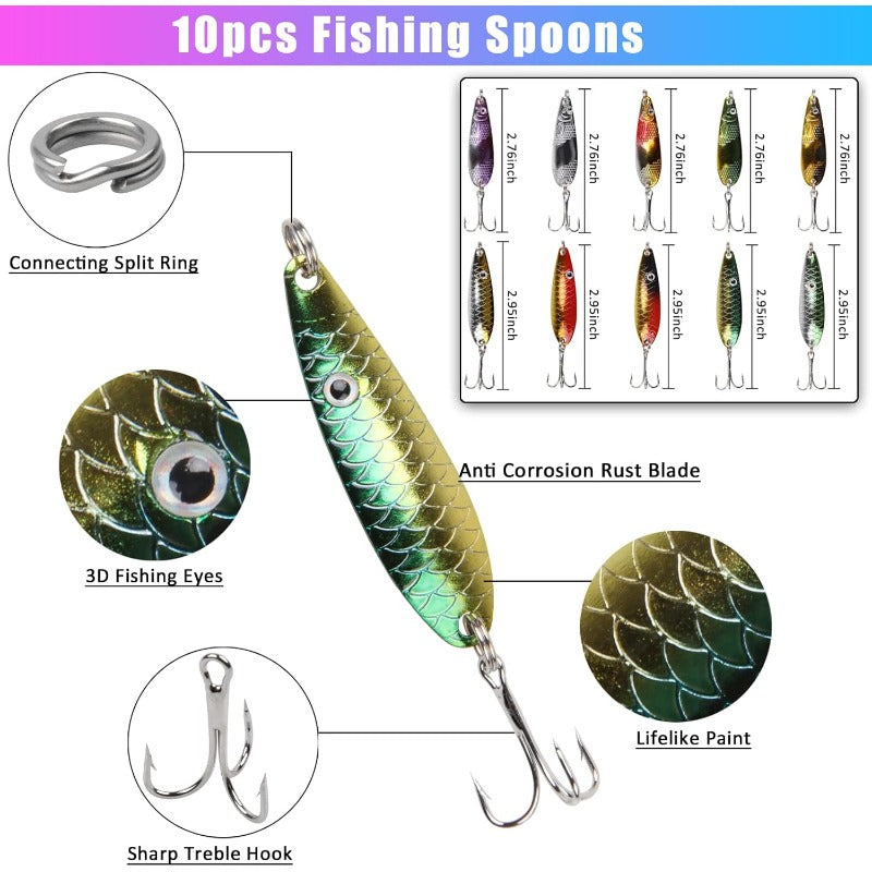 Hard Metal Spinner Baits Fishing Lures Kit for Bass, Trout, Pike, Salmon, Walleye - Freshwater & Saltwater Use, Durable Non-Woven Material