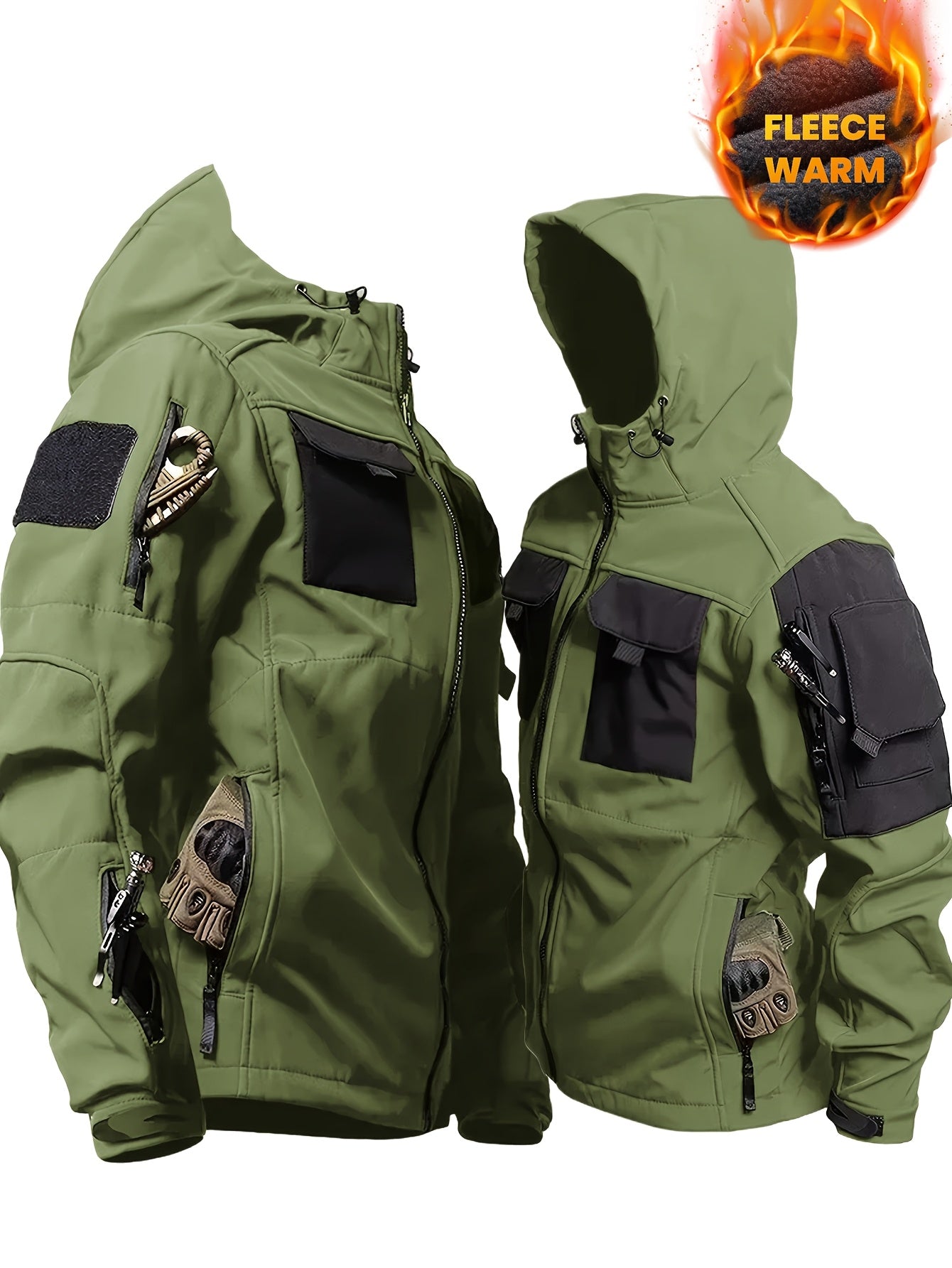 Men's Thermal Two-Piece Outdoor Set - Windproof Fleece-Lined Hooded Jacket & Cargo Pants with Zippered Pockets, Softshell Construction for Cold Weather Adventures, Durable & Lightweight, All-in-One Hiking, Camping, Hunting, C