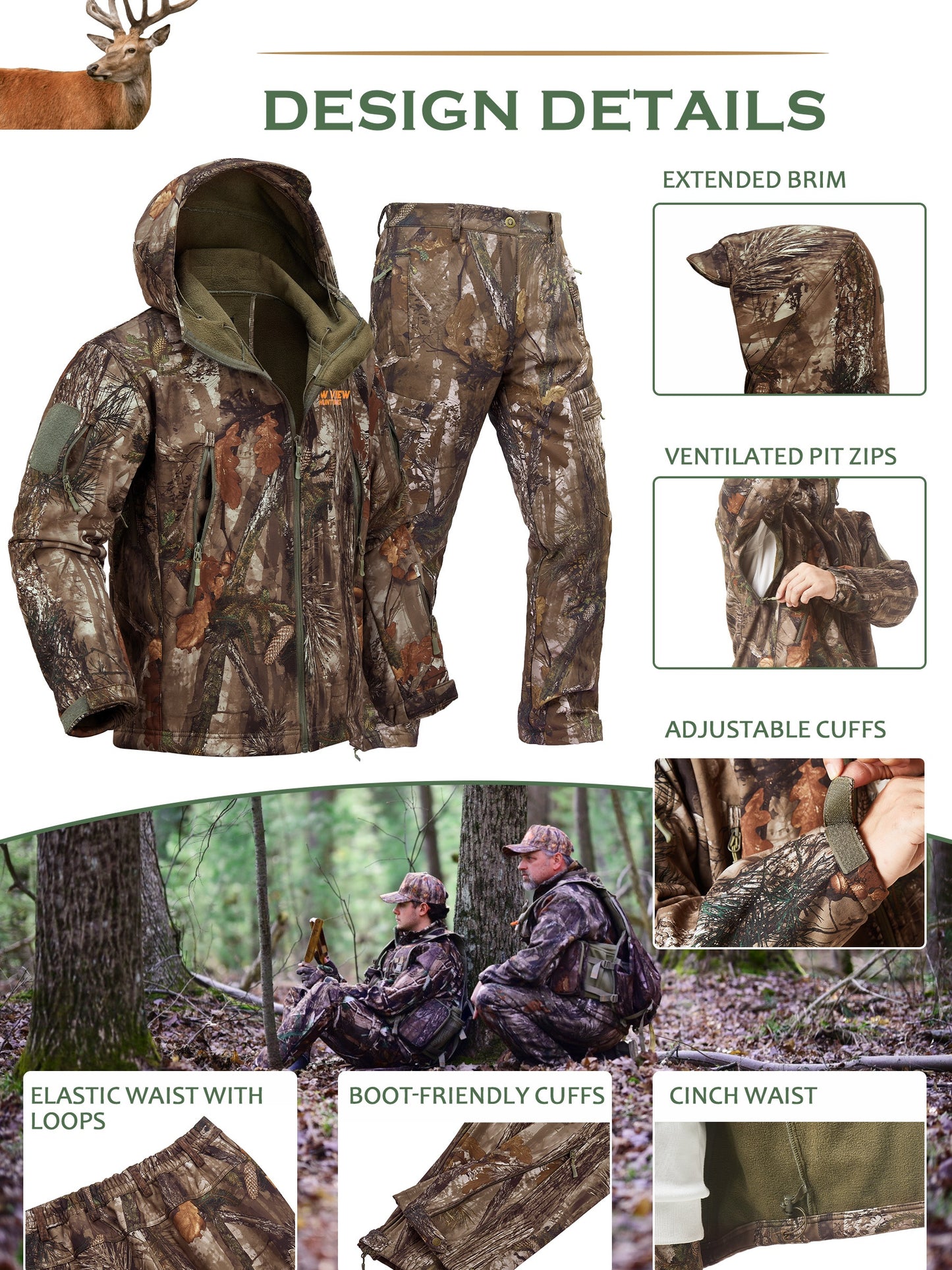 NEW VIEW Camo Hunting Clothes, Quiet Warm Hunting Jacket and Pants, High Quality Hunting Suit for Deer Duck Bow Hunt