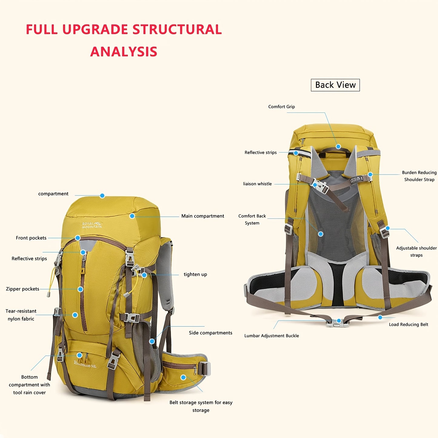 Royal Mountain Large Capacity Hiking Backpack Outdoor Travel Daypack