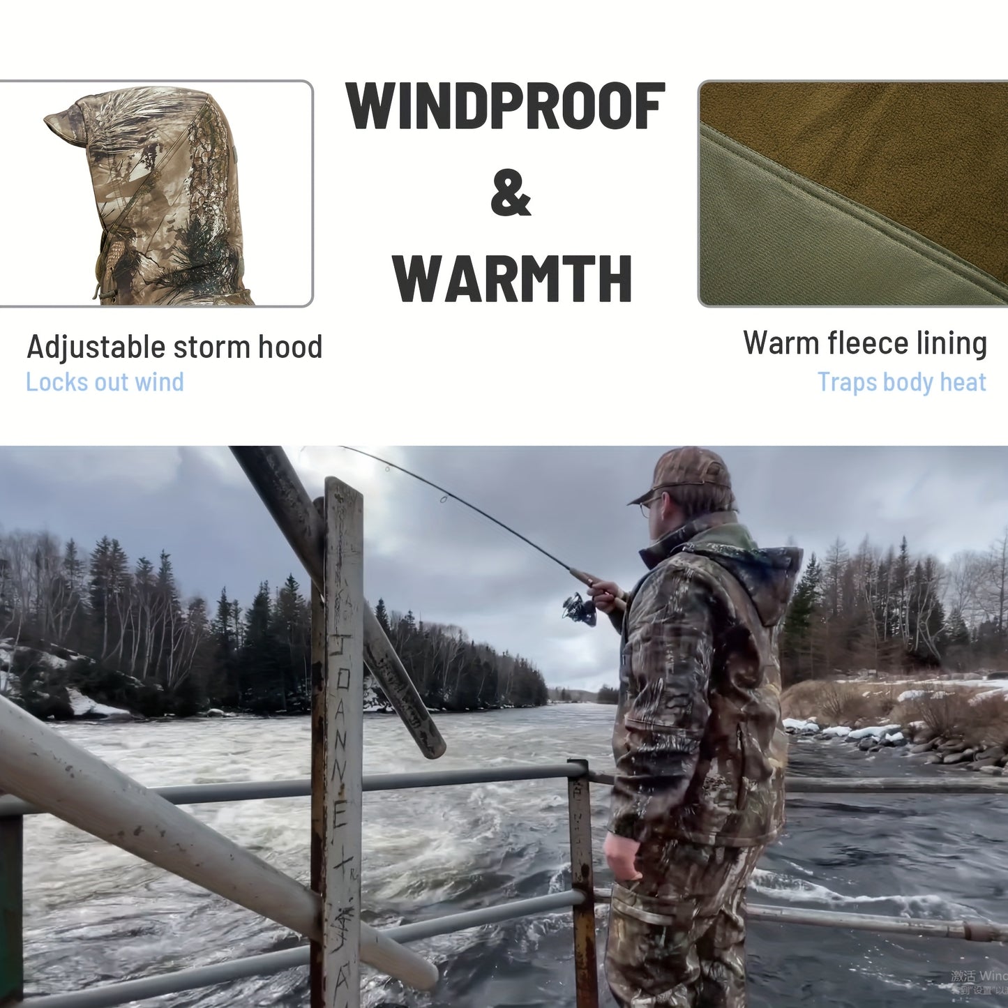 VIEW Hunting Clothes for Men, Silent Camo Fleece-Lined Jacket and Pants, Warm and Water Resistant
