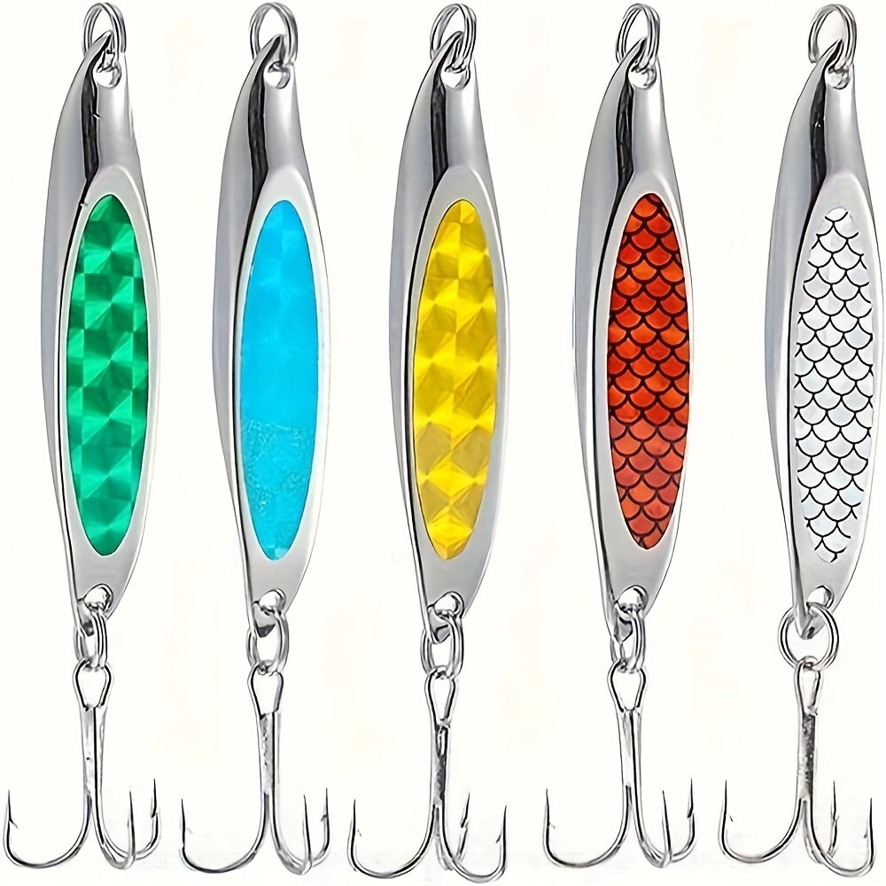 5pcs of Beveled Sequin Flash Bait, Iron Plate Metal Sequin Bait with Three Hooks, Suitable for Shore Long-Distance Casting Lure Hard Bait, Suitable for Fishing Bass, Trout, Etc.