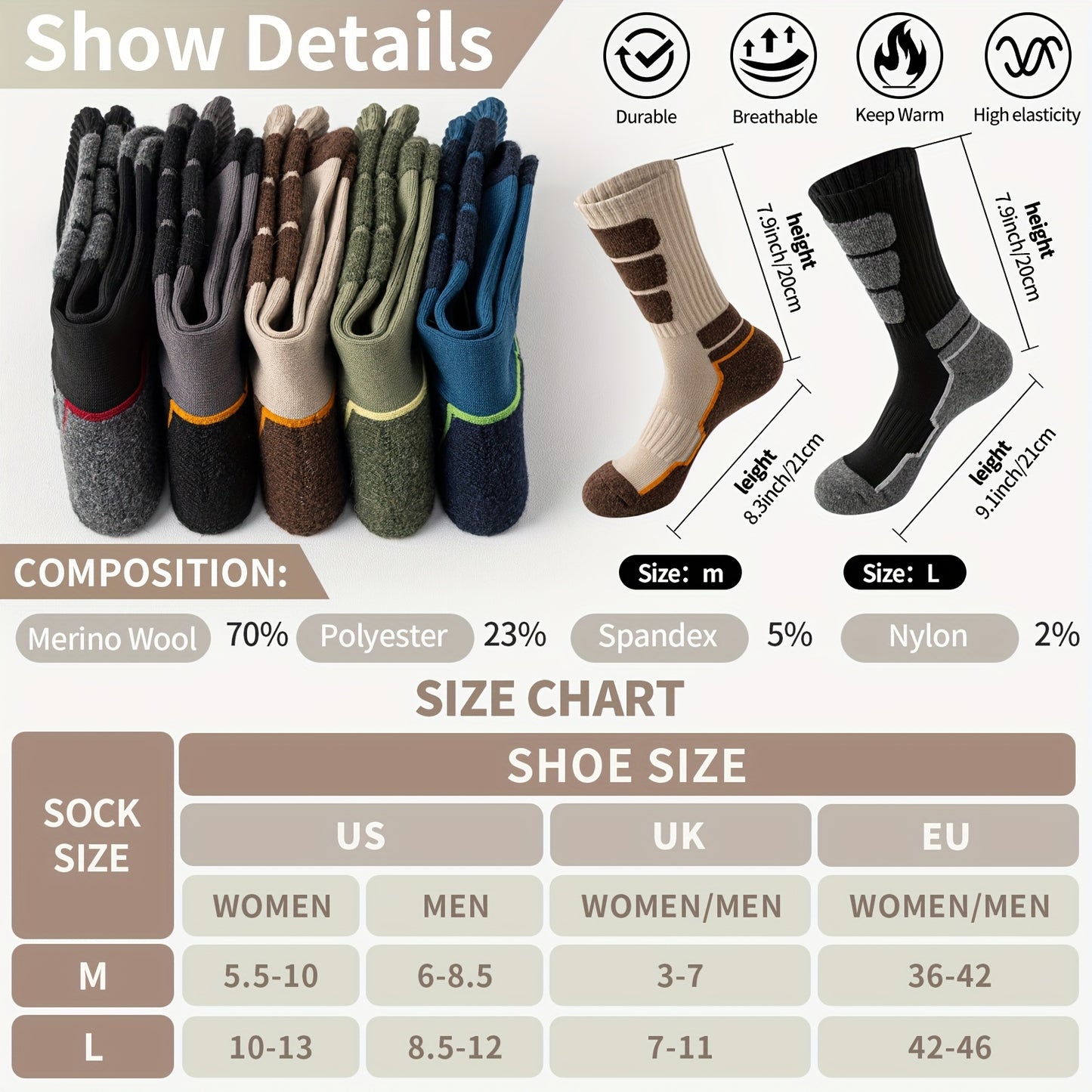 ORVYTHA Wool Hiking Socks 5 Pairs for Men Women Compression