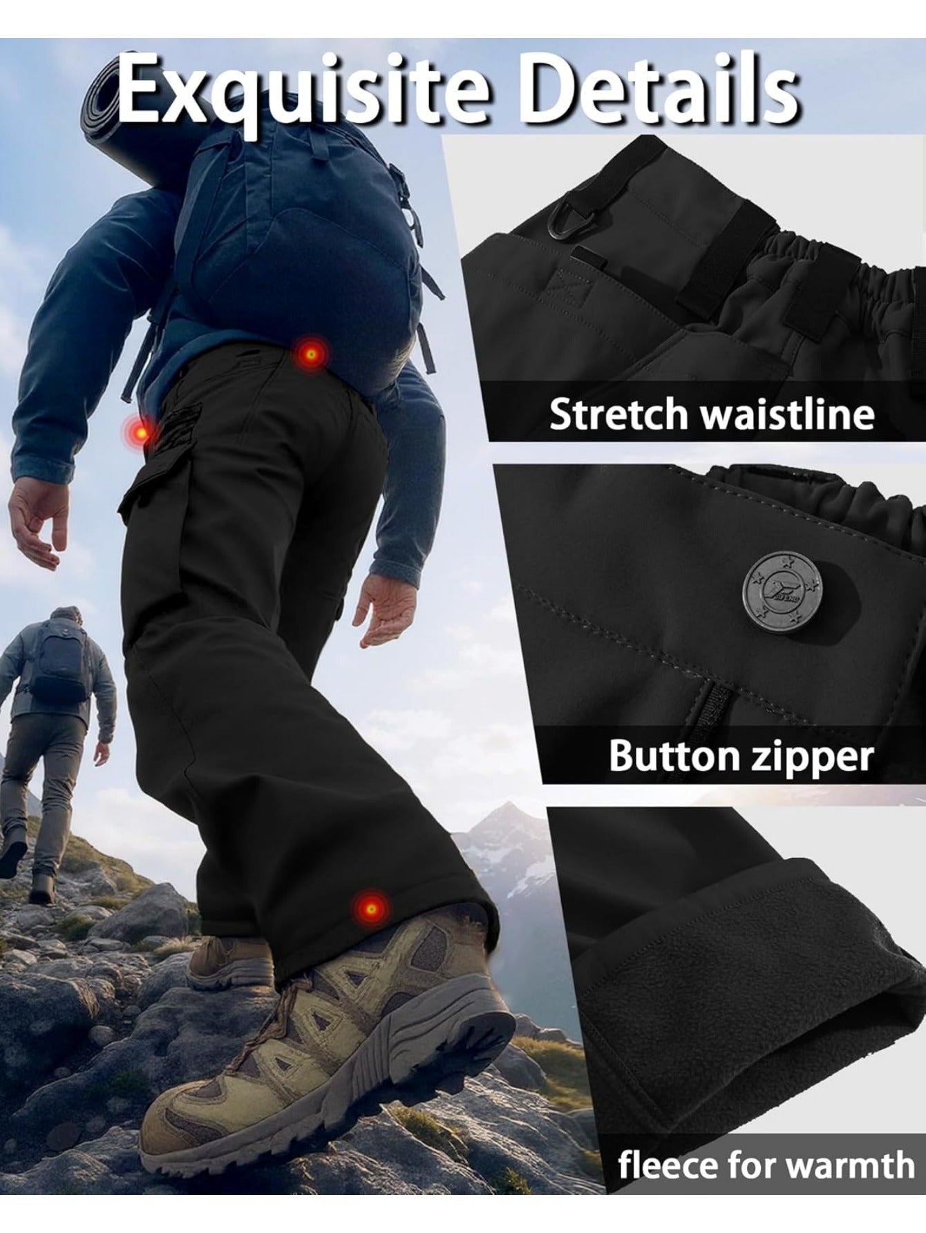 [Windproof | Fleece-Lined] Men's Windproof Fleece-Lined Ski Pants | All-Season Winter Snow Pants with Elastic Waist & Cargo Pockets, Softshell Tactical Hiking, Camping, Fishing Gear (Machine Washable)