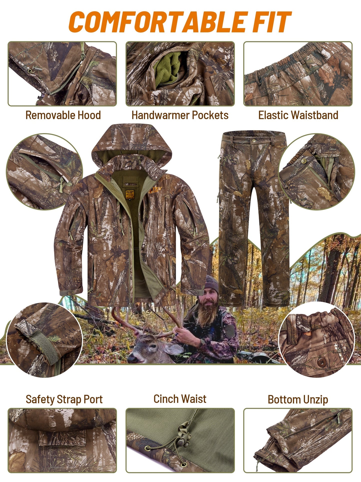VIEW Hunting Clothes For Men, Warm Fleece Lined Camo Hunting Suit, Jacket And Pants For Deer Duck Bow Hunting