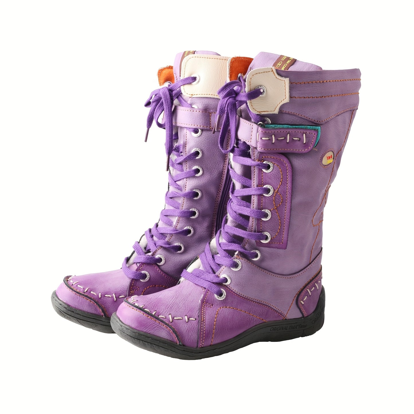 TMA EYES -Lined Hand-Stitched Leather Fashion Vintage Winter Patchwork Design Women's Mid-Calf Boots