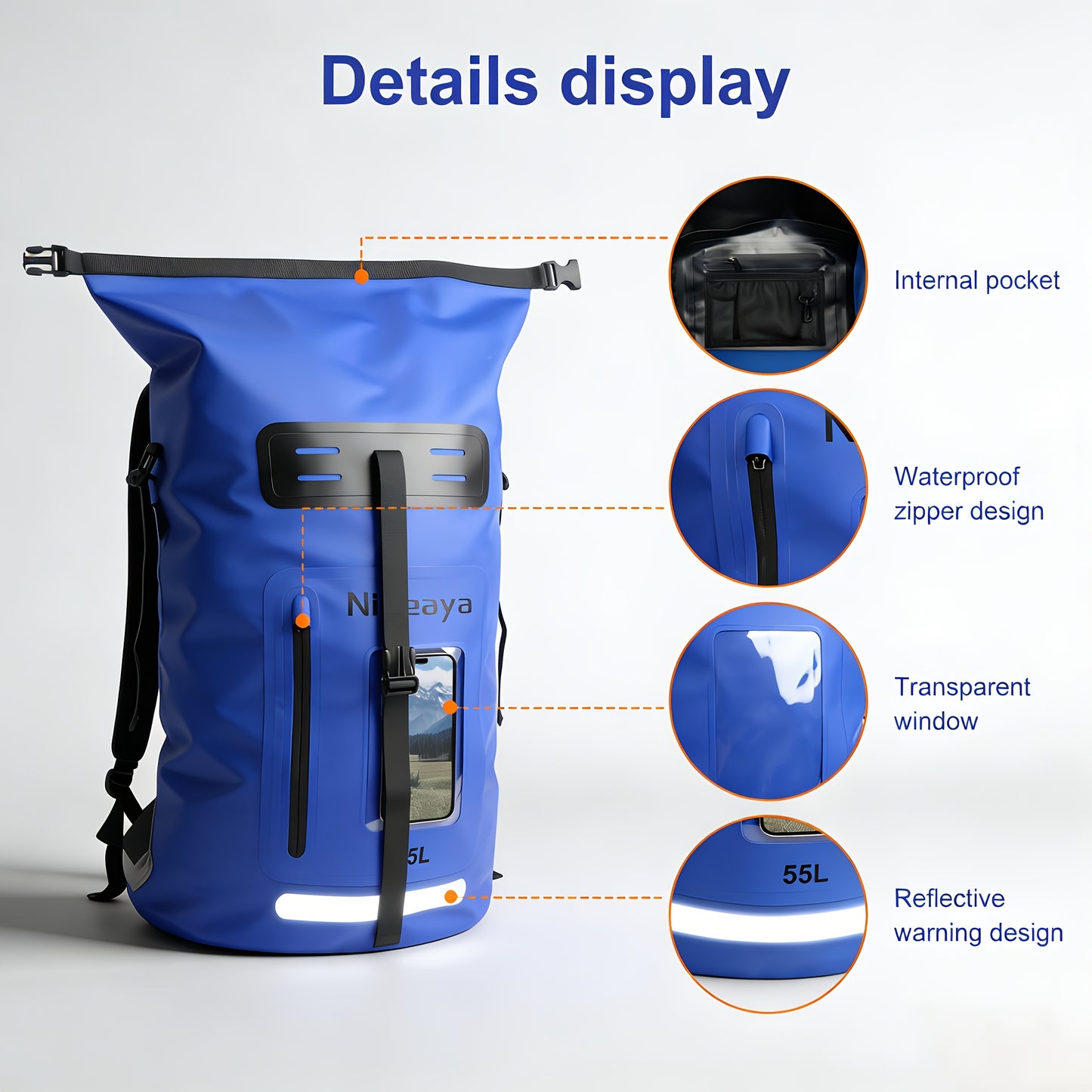 NIVEAYA Heavy Duty Hiking Backpack Roll Top Closure Bag