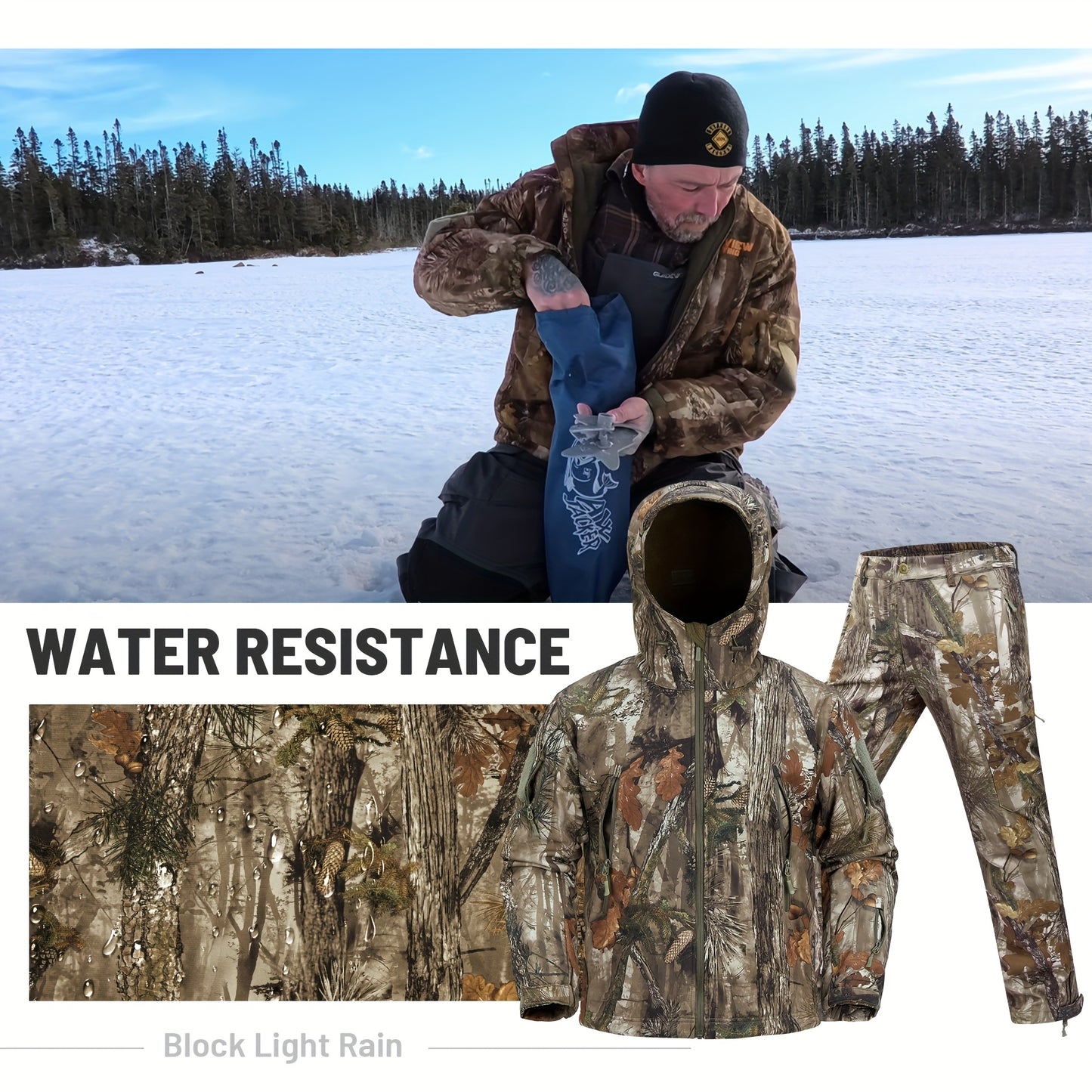 VIEW Hunting Clothes for Men, Silent Camo Fleece-Lined Jacket and Pants, Warm and Water Resistant