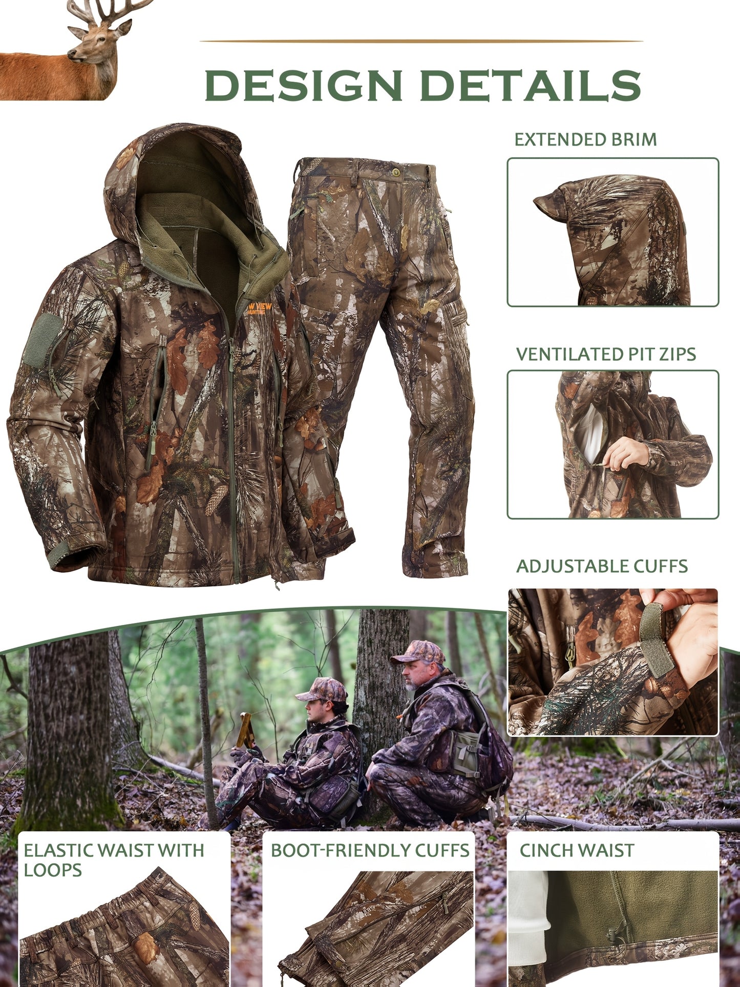 VIEW Silent Camouflage Hunting Outfit for Men, Fleece-Lined Hunting Jacket and Pants, Cold Weather, Ideal Gift for Husbands Sons Fathers