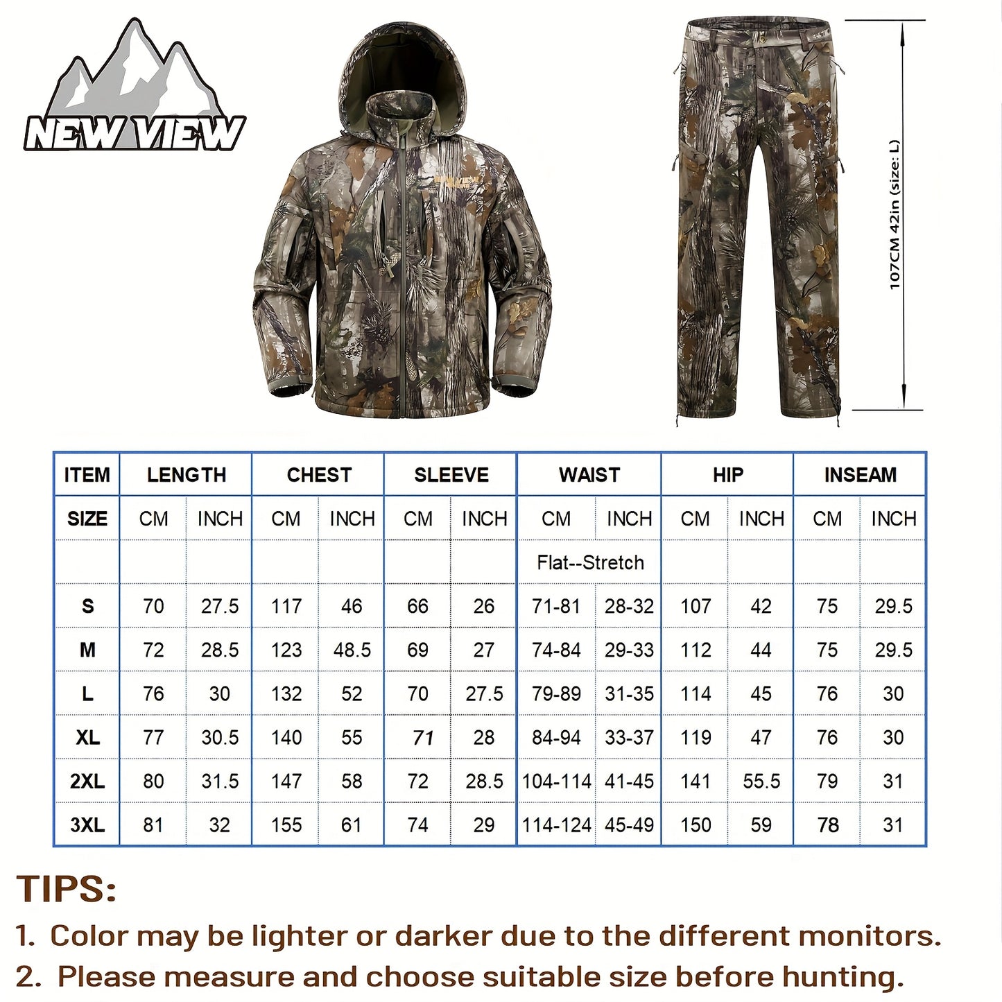VIEW Hunting Clothes for Men, Silent Camo Fleece-Lined Jacket and Pants, Warm and Water Resistant