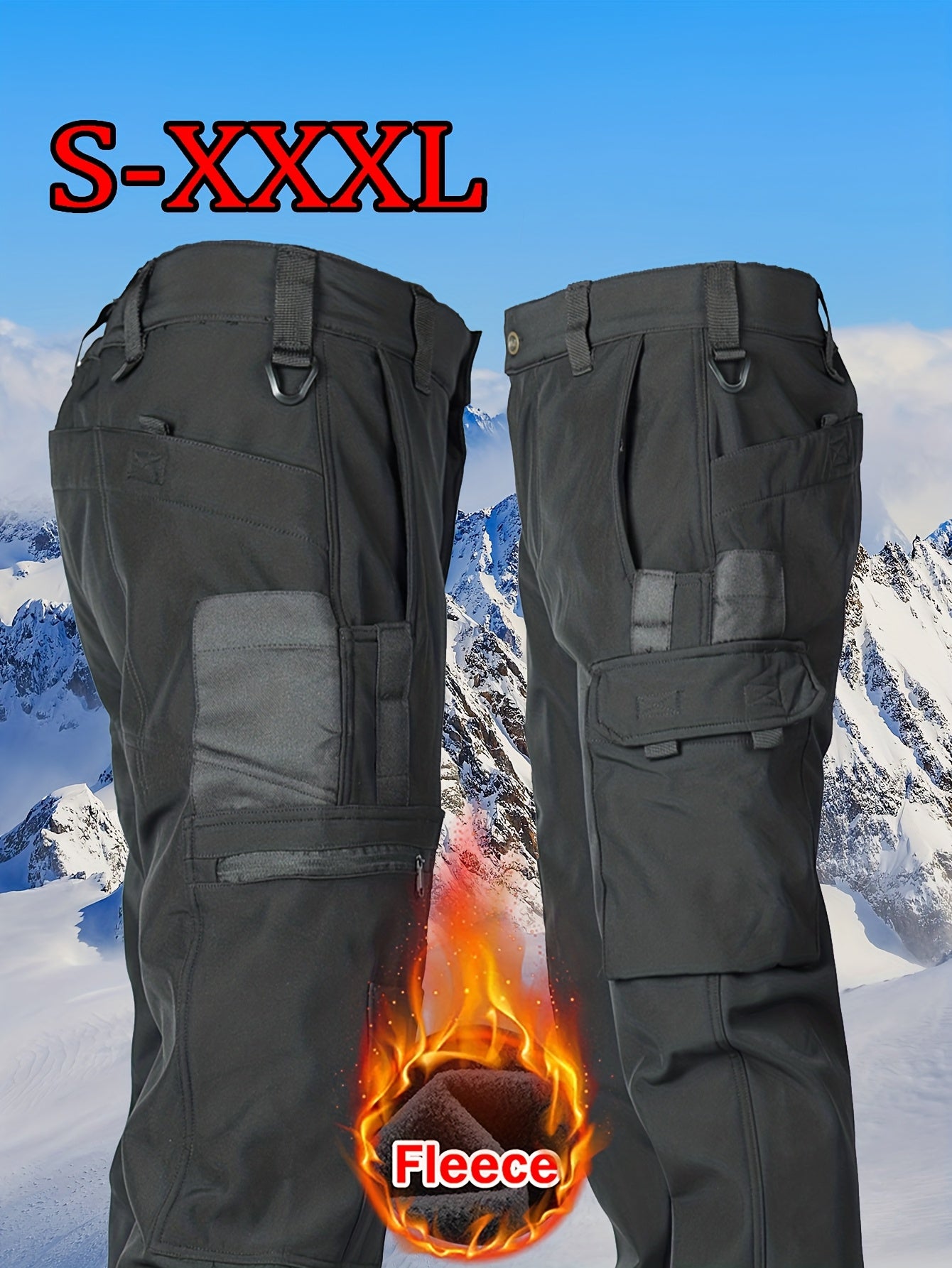 [Windproof | Fleece-Lined] Men's Windproof Fleece-Lined Ski Pants | All-Season Winter Snow Pants with Elastic Waist & Cargo Pockets, Softshell Tactical Hiking, Camping, Fishing Gear (Machine Washable)