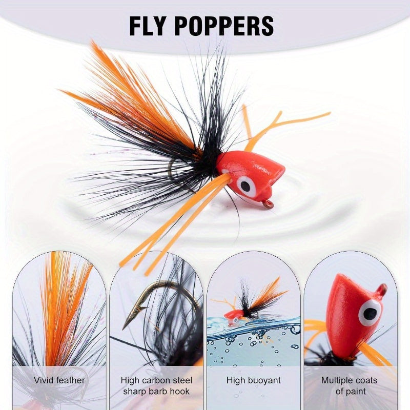 Fly Fishing Poppers Lures, Topwater Popper Flies Bugs Lure, Fly Fish Poppers Fishing Lures Kit, Dry Flies for Panfish Bluegill Crappie Sunfish Bass Trout Salmon