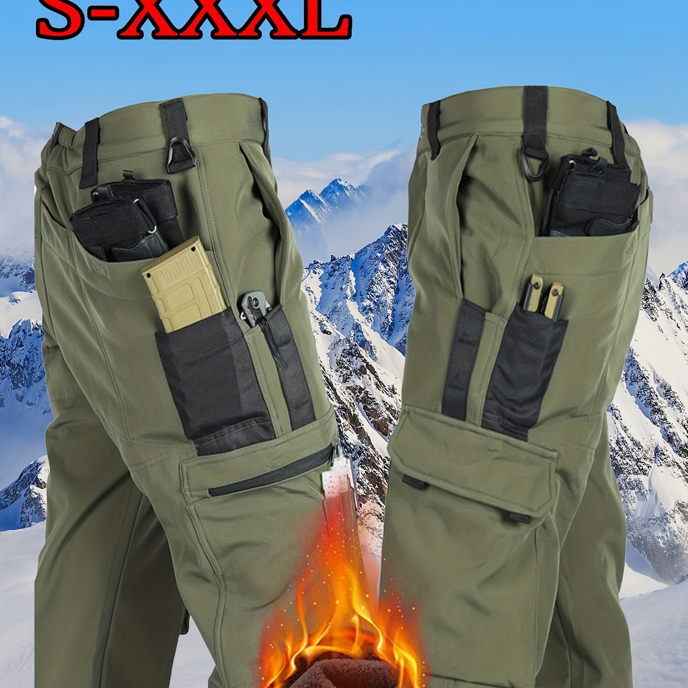 [Windproof | Fleece-Lined] Men's Windproof Fleece-Lined Ski Pants | All-Season Winter Snow Pants with Elastic Waist & Cargo Pockets, Softshell Tactical Hiking, Camping, Fishing Gear (Machine Washable)