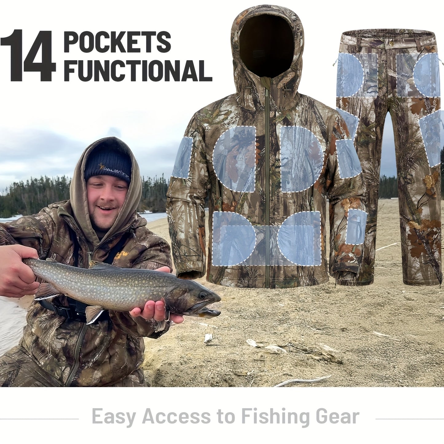 VIEW Hunting Clothes for Men, Silent Camo Fleece-Lined Jacket and Pants, Warm and Water Resistant