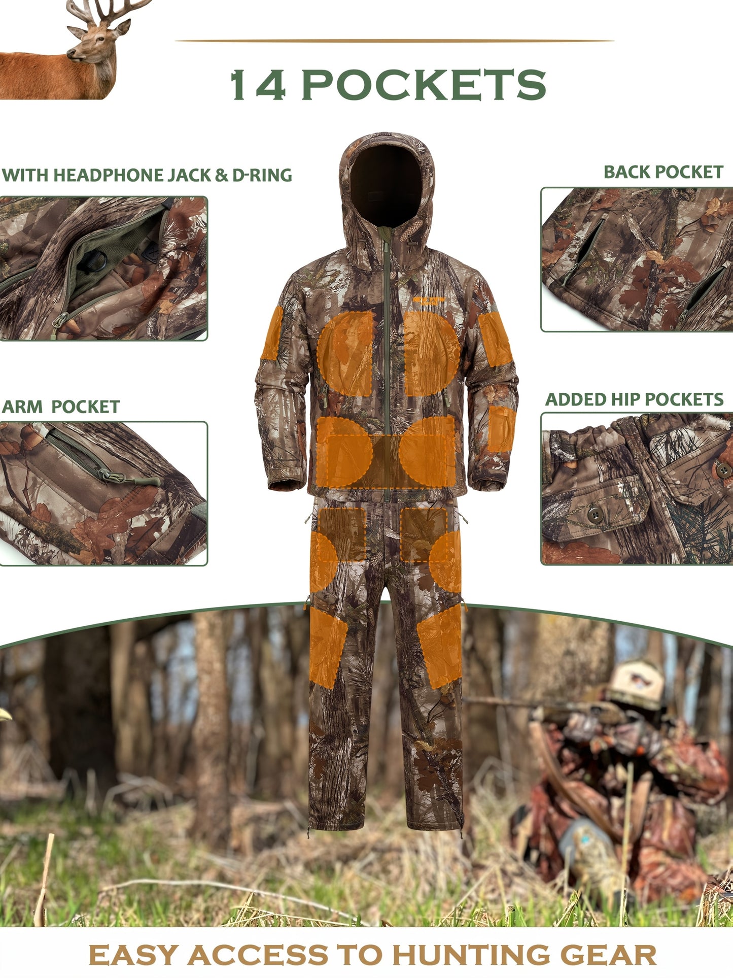 VIEW Silent Camouflage Hunting Outfit for Men, Fleece-Lined Hunting Jacket and Pants, Cold Weather, Ideal Gift for Husbands Sons Fathers