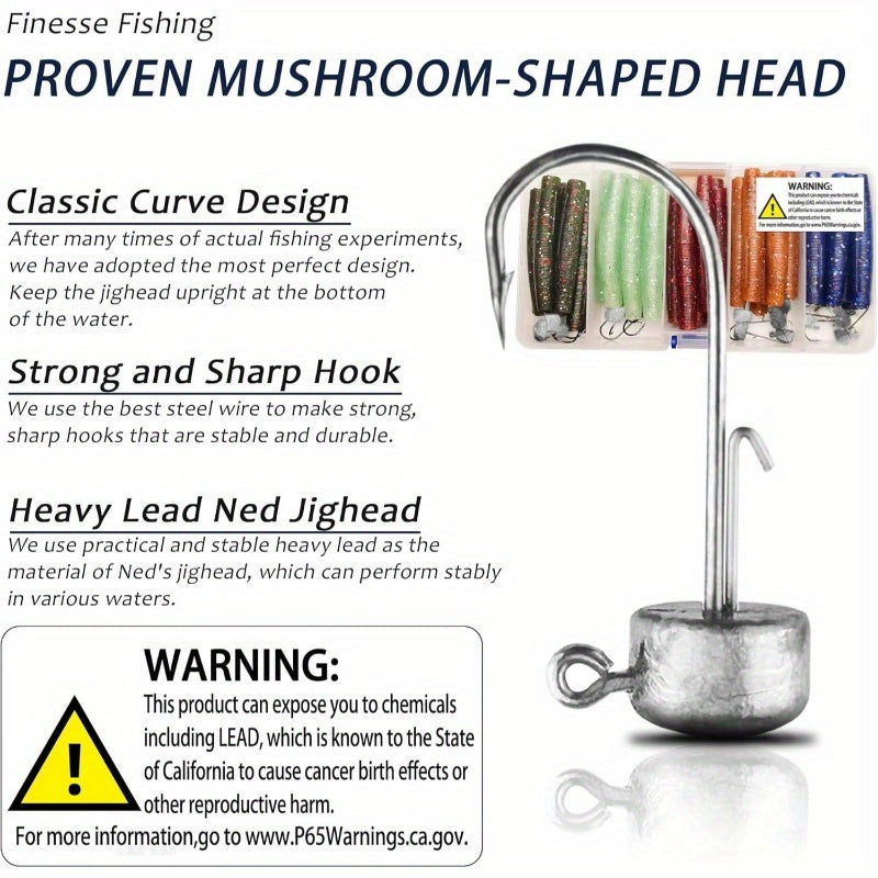 60/25pcs Ned Rig Jig Heads Soft Plastic Worms Stick Baits Kit - Finesse Mushroom Ned Rigs with 6 Vibrant Colors, Durable Non-Woven Material for Bass Fishing in Freshwater & Saltwater, Includes 6 Jighead Hooks & 6 Soft Plastic