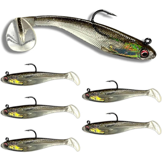 USA Shad Scent-Infused Paddle Tail Swimbaits - Pre-Rigged Saltwater & Freshwater Fishing Lures with Strong Owner Hook, Realistic Lure Bait for Bass, Pike, Trout, Walleye, Predator Fish - Heavy-Duty Pre-Rigged Line Setup