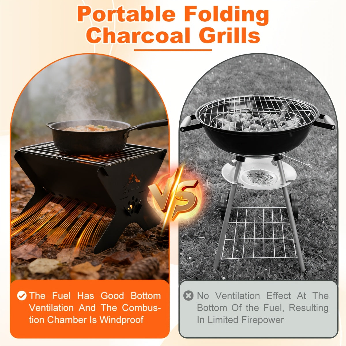 Portable Folding Charcoal Grill With Open Grate For Camping Backyard
