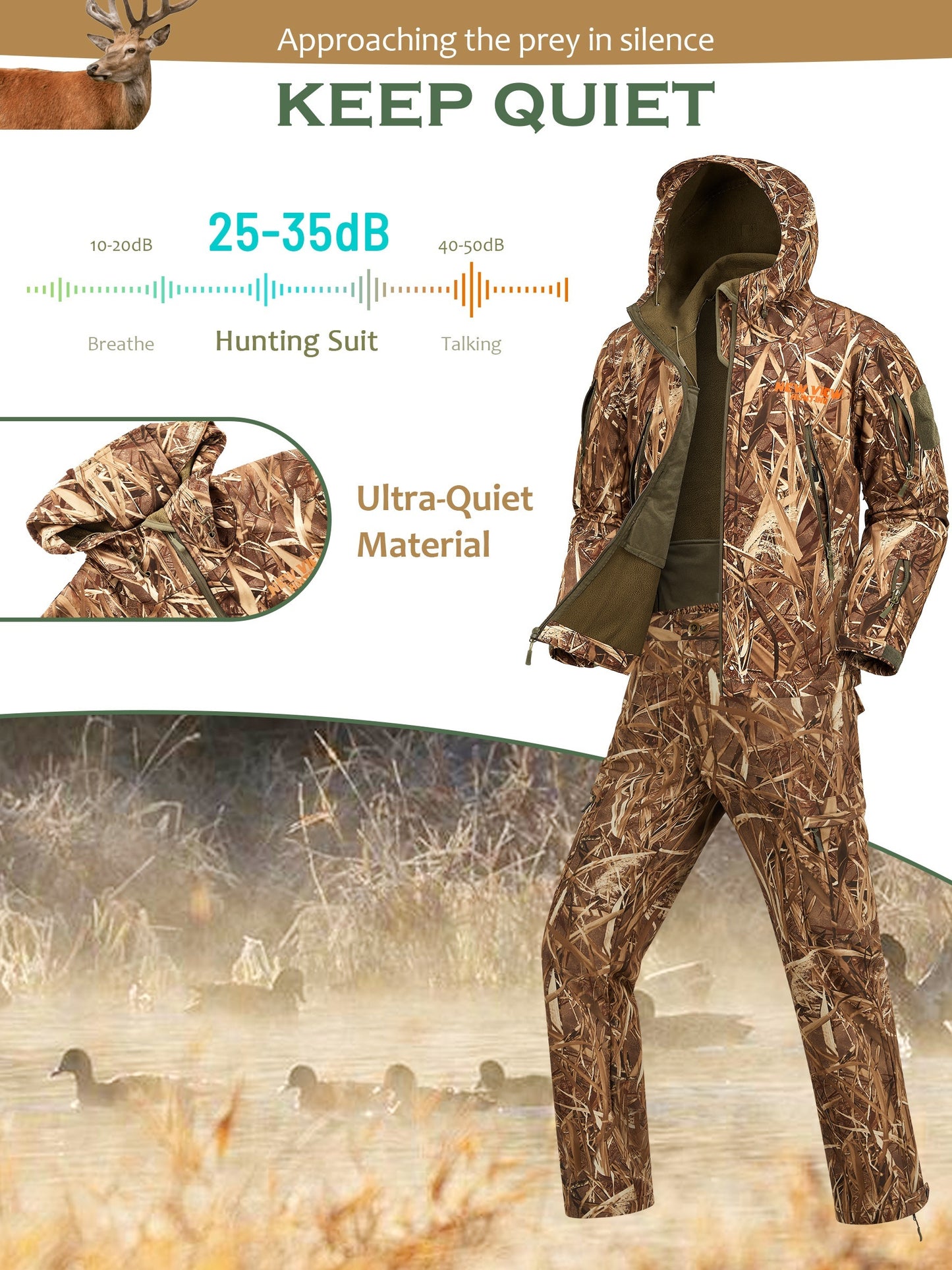 VIEW Hunting Clothes for Men, Quiet Camo Hunting Jacket and Pants, Hunting Suit for Deer Duck Bow Hunting