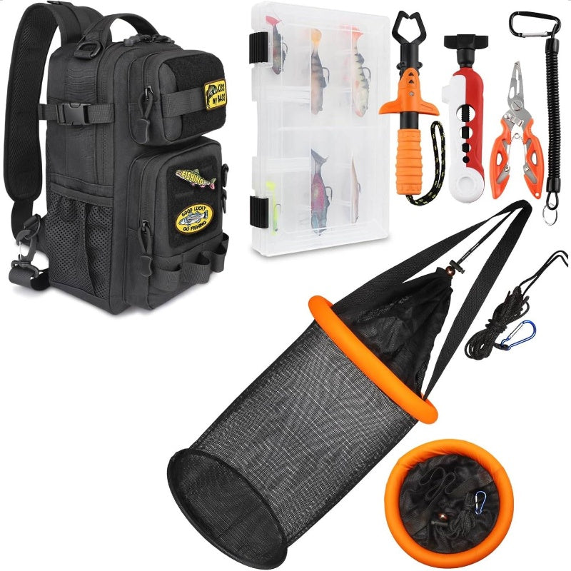 5 Gallon Floating Fishing Basket System with Sling Bag & 3600 Tackle Box - Heavy-Duty All-in-One Fishing Gear Set with Line Spooler, Fish Gripper, Pliers, Lanyard & 6 Lures - Hands-Free Sling Backpack for Easy Transport, Dura